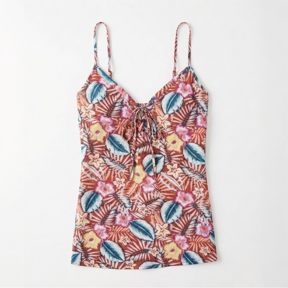 Hippie Rose Floral Lace Up Cami Tank Top Rust Tropical Boho XL